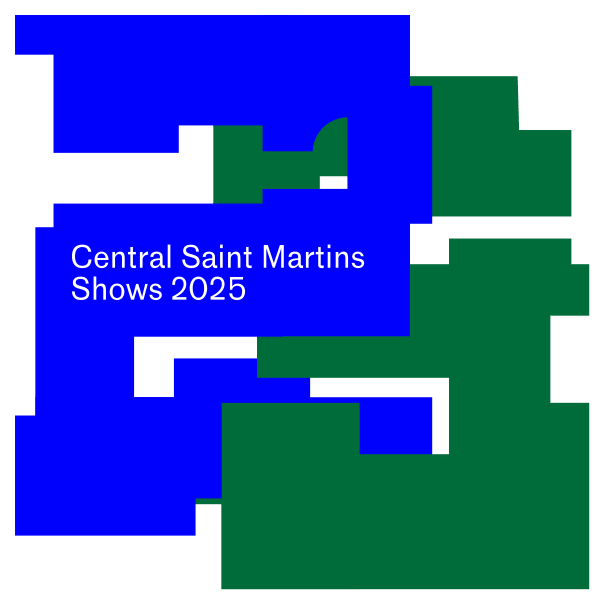 A typographic visual identity banner in dark blue and green with the text Central Saint Martins Shows 2025