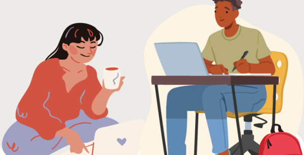 colourful illustration of 2 people on their laptop. 1 sitting on the fllor and 1 at a desk