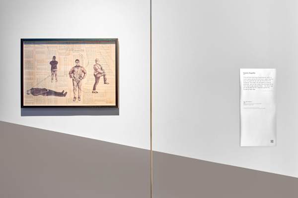 Multiple sketches of a male figure on aged paper with text