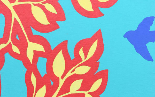 Red and pale yellow flower graphic on a blue background