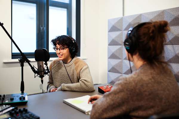 Two females students using the Sound Studio at Wimbledon College of Arts