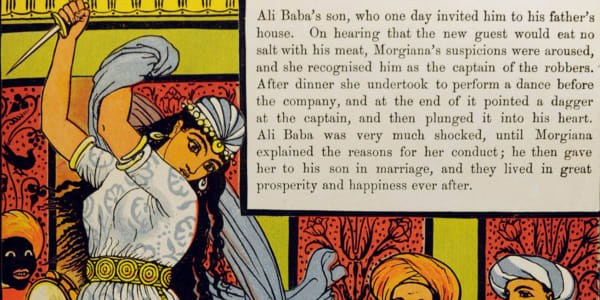 Image of a woman with long dark hair wearing a dress holding a knife above her head next to a passage of text about Ali Baba. 