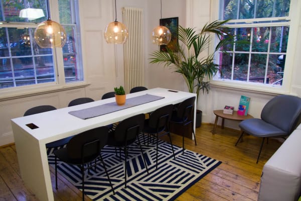 A modern large seating and table area in the common room decorated with overhead lighting, large palm potplants and geometric print rug.