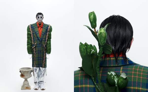 Male model in green tweed with emphasis on nature and plants.