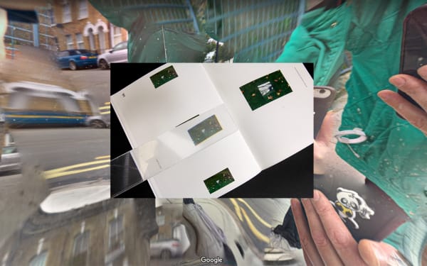 Image of open book with images on overlaid on larger 360 street view showing person holding their mobile phone