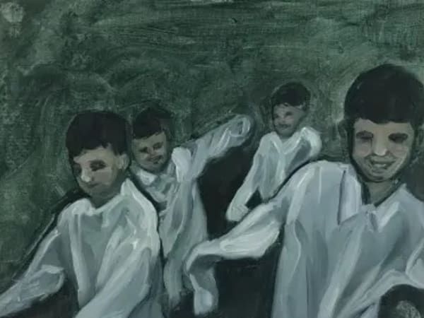 A painting of boys in white shirts