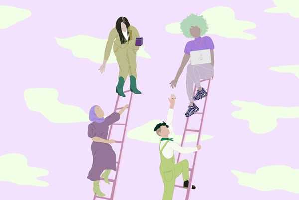 Illustration of women helping each other up a ladder