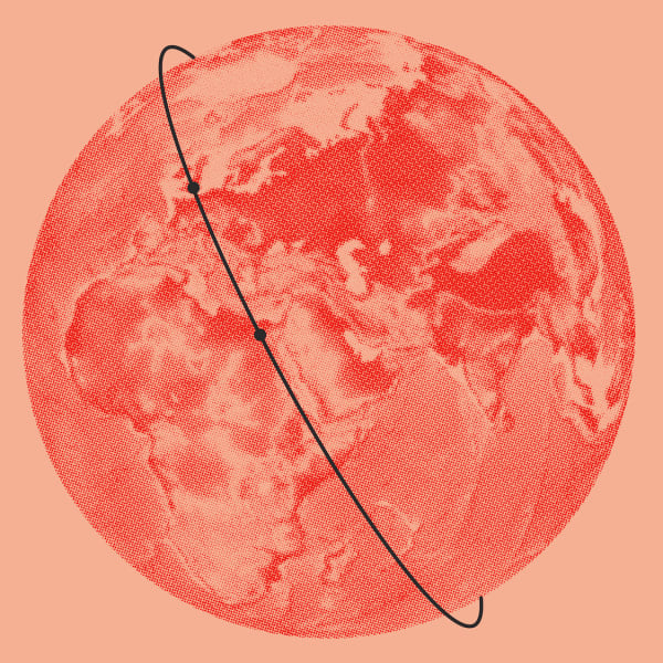 An illustration of a globe in pink with a black line from London to Cairo