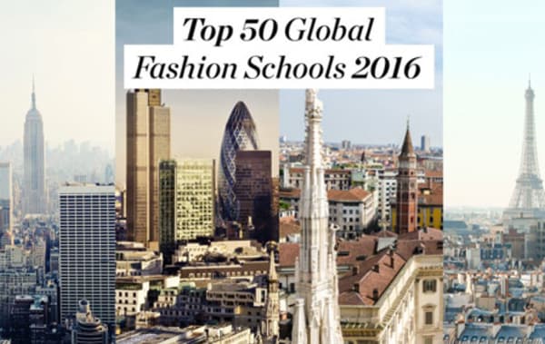 Three cityscapes next to each other, 'Top 50 Global Fashion Schools 2016' is written at the top