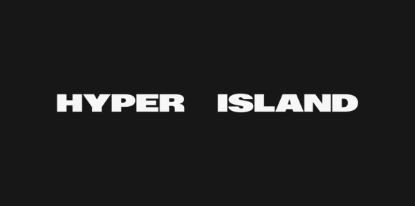 Logotype that reads 'Hyper Island'. white bold letters on black background