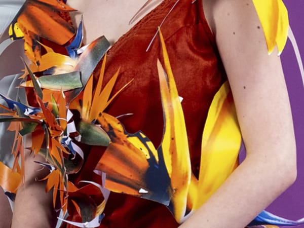 Close up of on the body design. The design is made from cut outs of brightly coloured images. The model is standing against a purple background. 