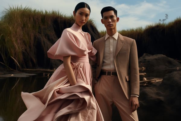 Male and female model in smart attire standing beside a lake.