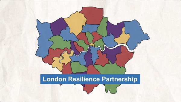 Still from Animation by Natalia Bednarova showing a map of London divided by borough, with the words 