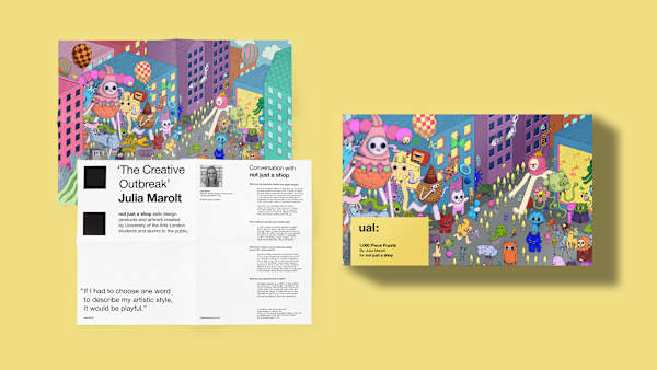 Two-part visual featuring not just a shop jigsaw box assets. The right side shows a 1,000-piece jigsaw box with an artwork by Julia Marolt. The left side displays a printed interview poster titled 'The Creative Outbreak' Julia Marolt, including a black-and-white portrait of the artist, interview text, a quote, and information about not just a shop. The background is butter yellow colour.