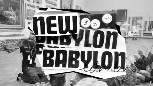A collage showing people in a gallery. The Age of New Babylon is written over the top of the collage.