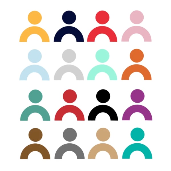 Animation showing an infographic of sixteen coloured people in a square format.