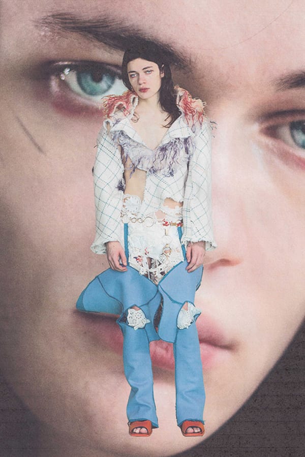 Figure wearing white and blue garments collaged onto portrait of face