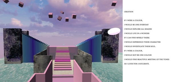 3D floor play with pink staircase in background