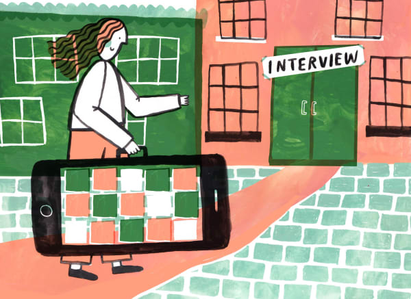 An illustration of a person carrying their portfolio into an office