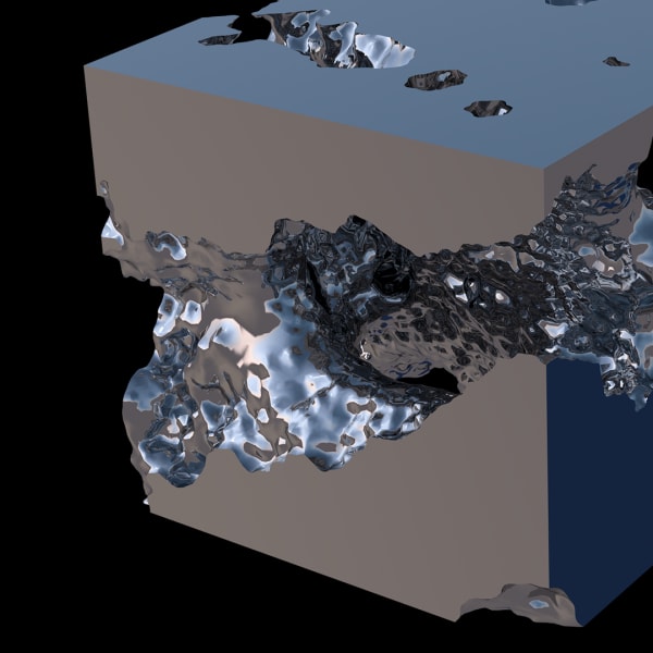 A silver, metallic, 3D-rendered cube which features some erosion through and around the object. The erosion is similar to the texture of coral.