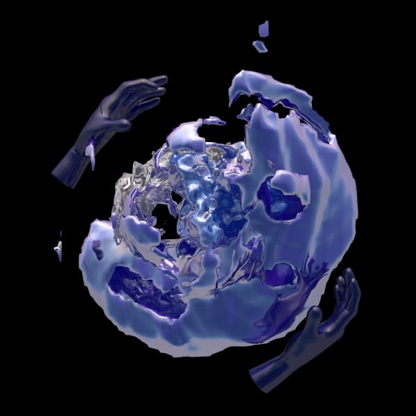 A purple, swirling 3D-rendered sculpture. Two purple, metallic hands at either side appear to make the object float in space.