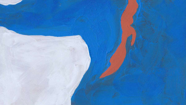 A blue painting with white and red abstract shapes 
