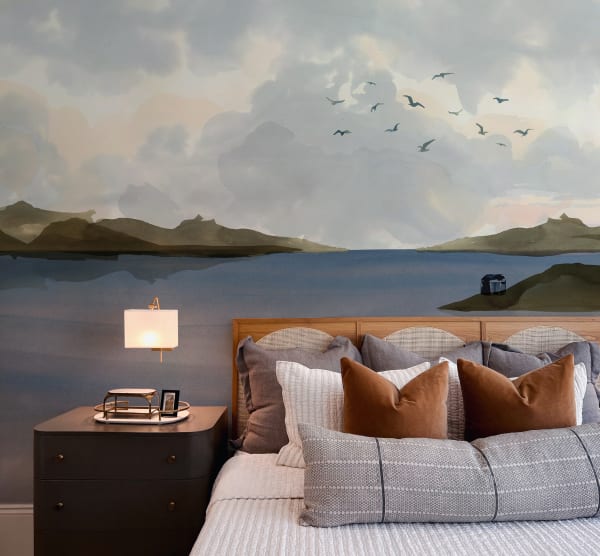 Martha's mural seaside design shown in a bedroom setting