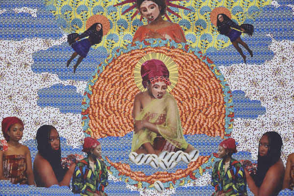 Collage featuring black women, African style textile prints and beads.