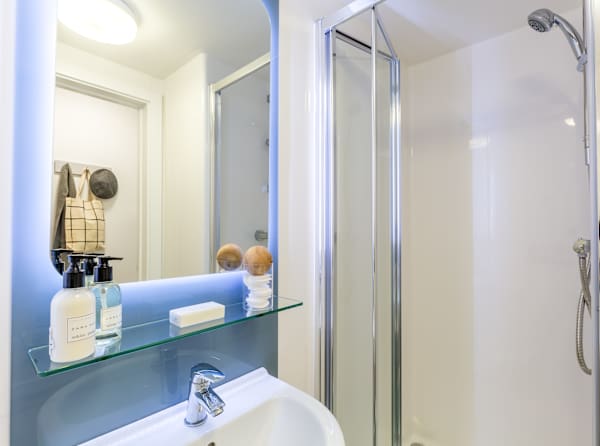 Bright bathroom with mirror, sink and shower in view.