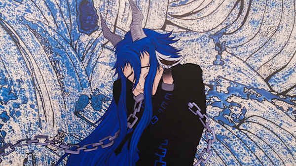 Blue anime figure surrounded by blue patterns