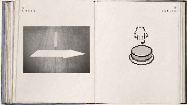 An open book. The left page shows an arrow poitning righ on a road. The right image is of a finger on a button 