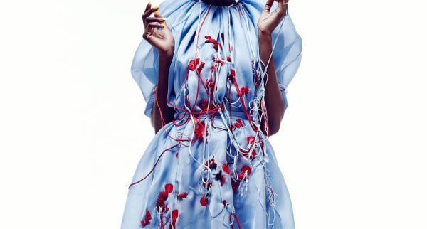 Female model in pale blue dress with red embroidery