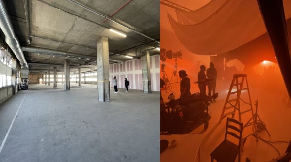 2 images showing behind the scene on set of a music video