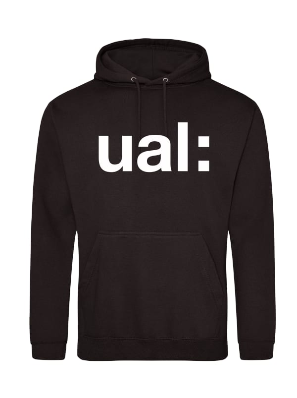 Photo of a plain, black hoody, with UAL written on it.