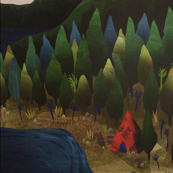 Illustration of red teepee by a river, on the fringe of a pine forest 
