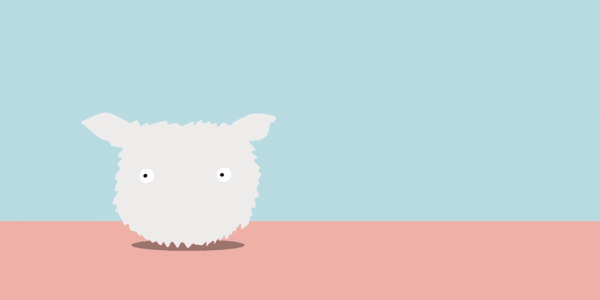 Animation of an 'eco furby': a white furry creature with eyes and animal ears, against a pink and blue background.
