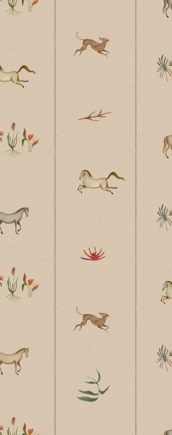A strip of Lal's wallpaper design with a repeating horse pattern and horizontal stripe