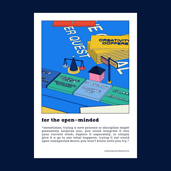 A colourful illustrated postcard with prompts for designers for their wellbeing and mental health