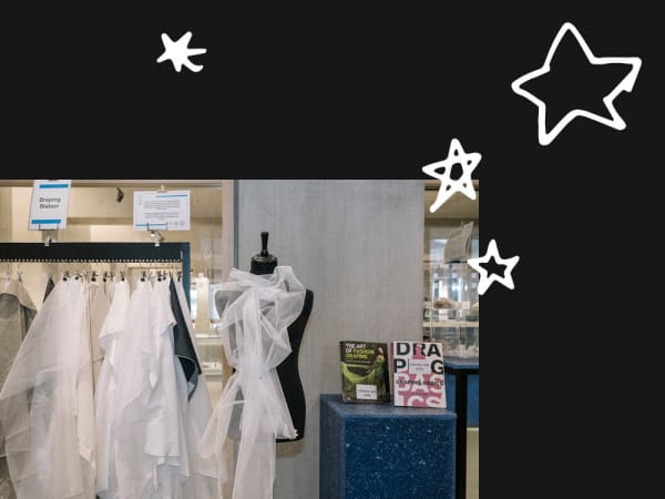 Photo of mannequin and rail with fabric swatches