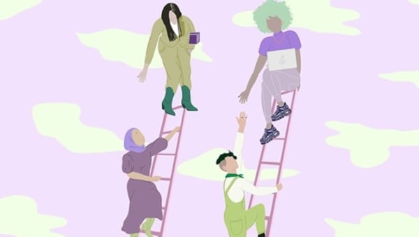 illustration on women climbing ladders to the clouds