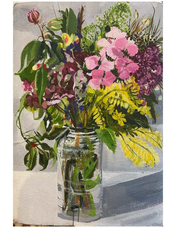 Colourful painting of a vase of flowers on a white table