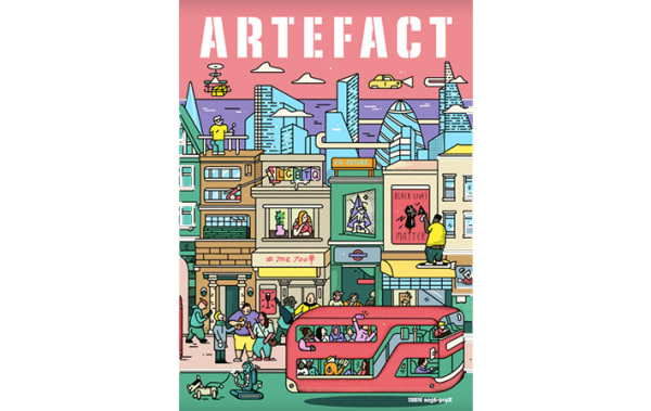 Colourful front cover of magazine featuring city scene.