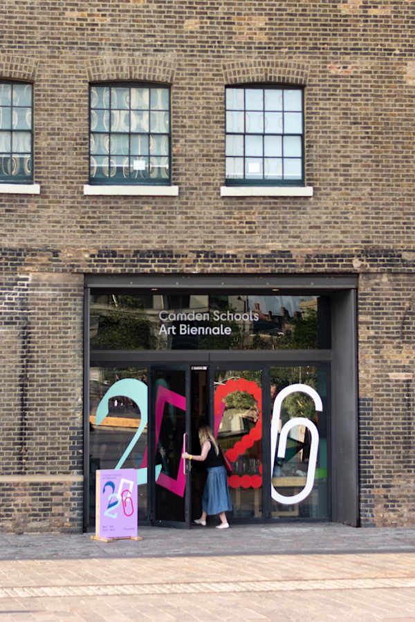 The exterior and entrance to the Lethaby Gallery, with Camden Schools Art Biennale 2026 branding and signage