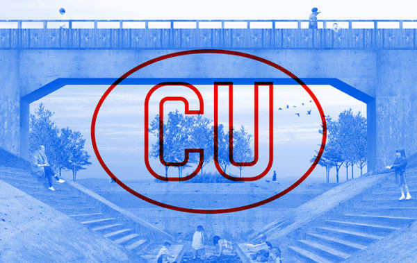 An architectural image in blue with Creative Unions logo laid over the top