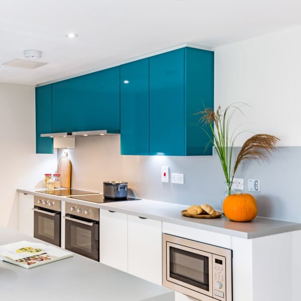 view of a shared kitchen area showing a clear light space with teal cupboards, two cookers, a countertop and large microwave