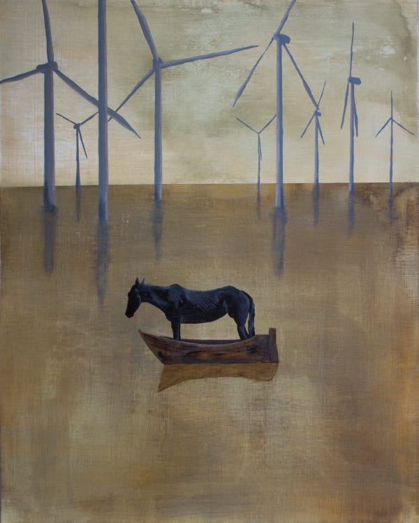 A painting of a horse inside a boat in front of a wind turbine