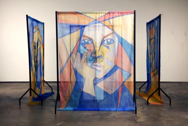 Three oil portraits on voile panels hung from steel sculpture