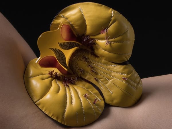 Large yellow leather flower resting on a female nude body.