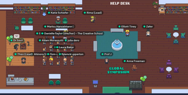 Screenshot of an interactive space featuring student and speaker avatars.