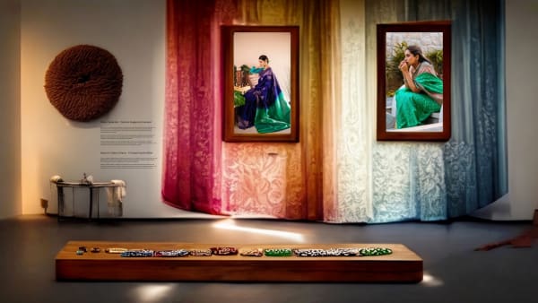In this section of the exhibition, With warm brown tones and vibrant traditional sarees, she tells the stories of India through her artwork. Photographs have been mounted on lightweight wooden frames and framed in traditional handloom and silk saree replicas.